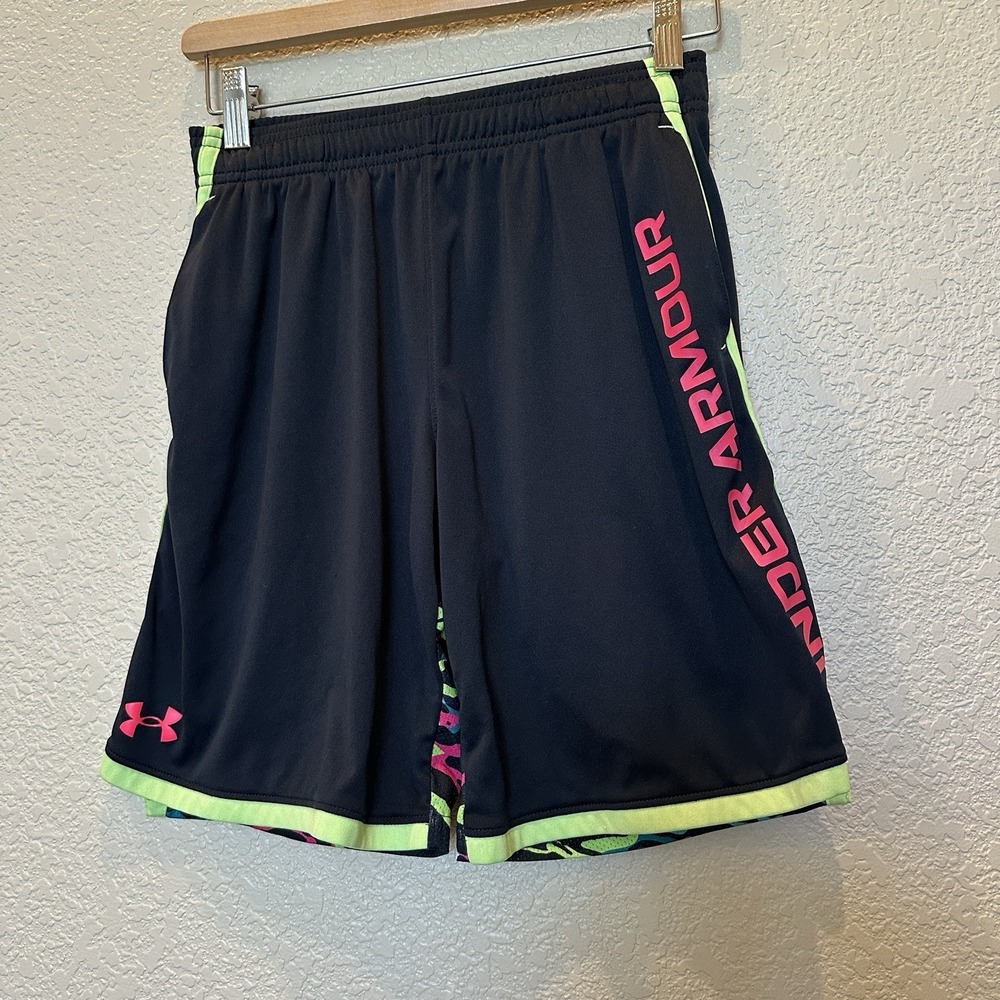 Boys Kids Youth Under Armour Short Multi Black Logo Size Large Neon Goalie‎
